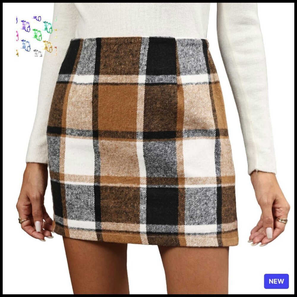 Plaid Flannel Bodycon Mini Skirt High Waist Wool Blend Fall Winter Chic
